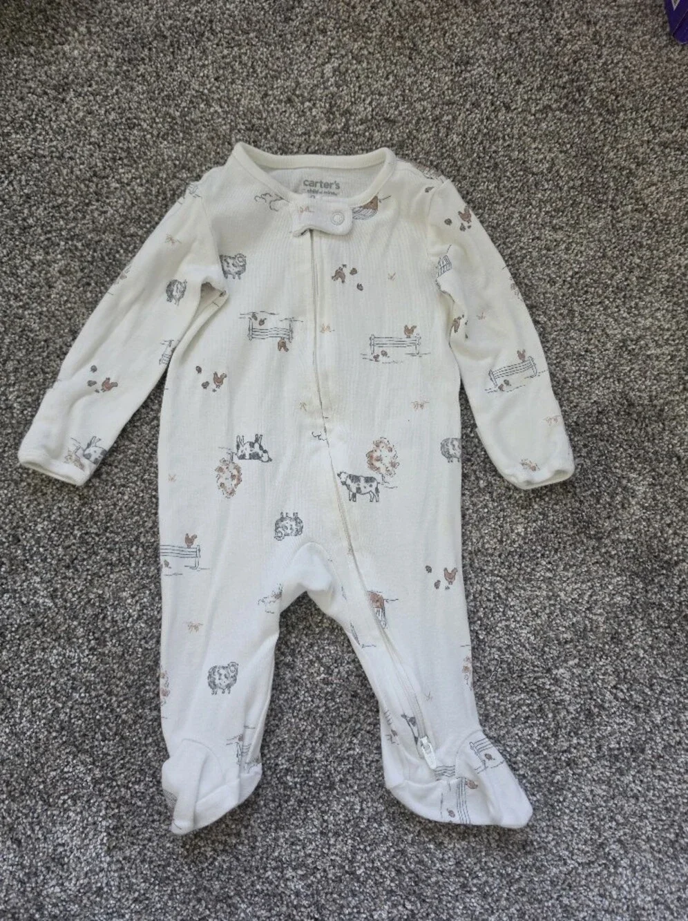 Carter's Brown Ribbed Bear & Cream Animal Print Footed One-Pieces (3 Pack)